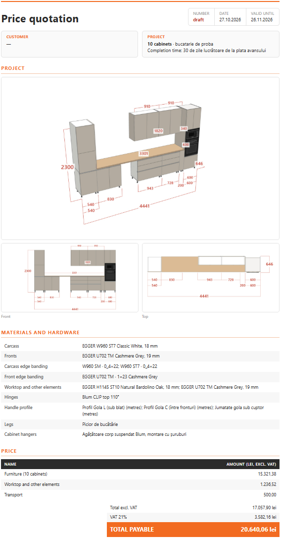 Oferta pentru client cu vederile bucătăriei, materialele, feroneria și prețul total
